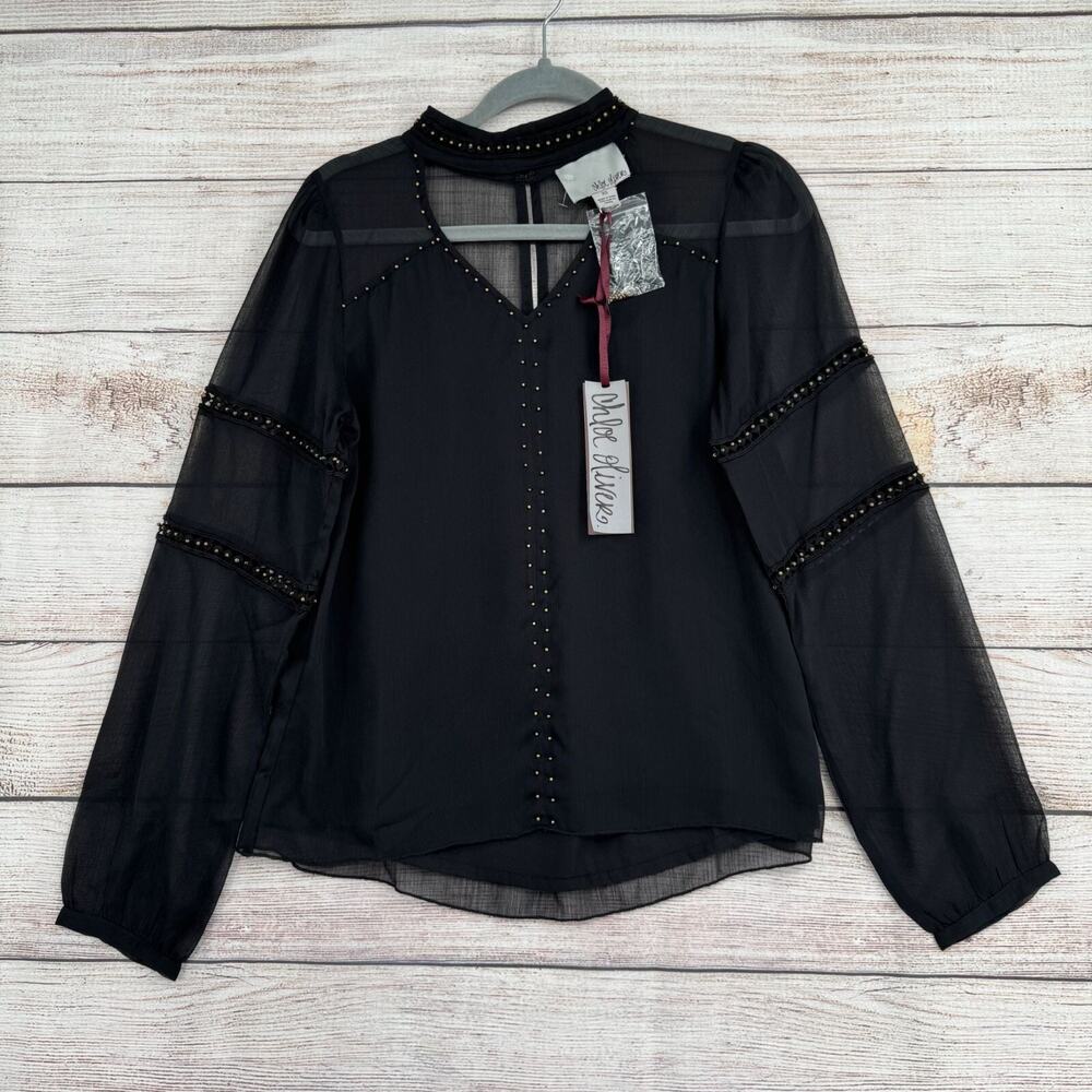 Chloe Oliver Anthropologie Beaded Semi Sheer Blouse Women's Size Small Black NEW
